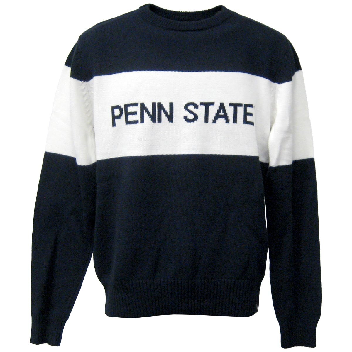 navy crew neck sweater with Penn State on white stripe across chest